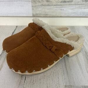 Pilcro women's size 10 fur lined brown suede braided boho wooden mule clog boho
